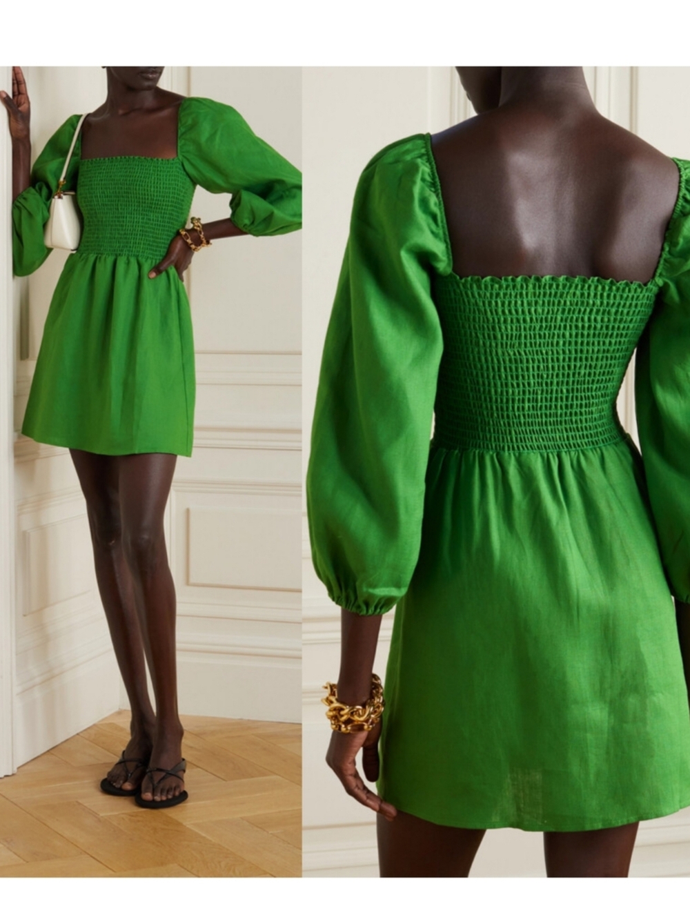 Reformation Greyson Shirred Linen Mini Dress Green XS